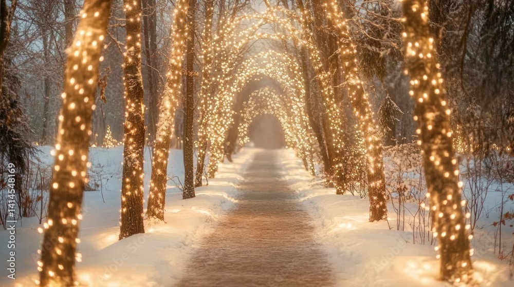 Poster snowy path with fairy lights illuminating trees in winter wonderland.