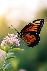 Fototapeta premium Vibrant butterfly perched on delicate flower, showcasing nature'