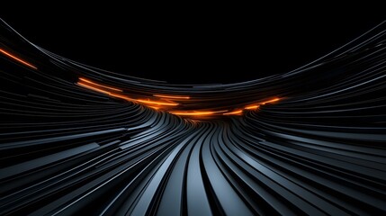 The image contains a dark, abstract representation of flowing, curved lines in shades of dark gray and black, illuminated with streaks of bright orange light.