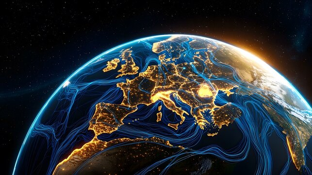 A stylized image of Earth, focusing on Europe, shows city lights as warm-toned points of light overlaid on a dark, realistic depiction of the planet.  Flowing blue lines represent air currents or dat