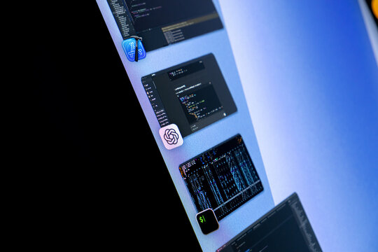 Poznan, Poland - April 14, 2025: Close-up of monitor showing coding apps and terminal windows with visible ChatGPT interface icon