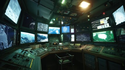 Obraz premium Inside a dark, high-tech control center filled with monitors displaying various data and planetary views, showcasing advanced technology.