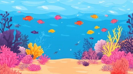 Fototapeta na wymiar Colorful Underwater World with Cartoon Fish and Coral Reefs in a Vibrant Aquatic Scene