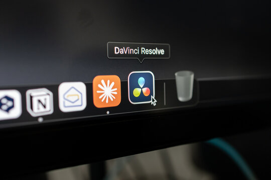Poznan, Poland &ndash; April 14, 2025: DaVinci Resolve video editing icon selected in macOS dock on a creative workstation interface