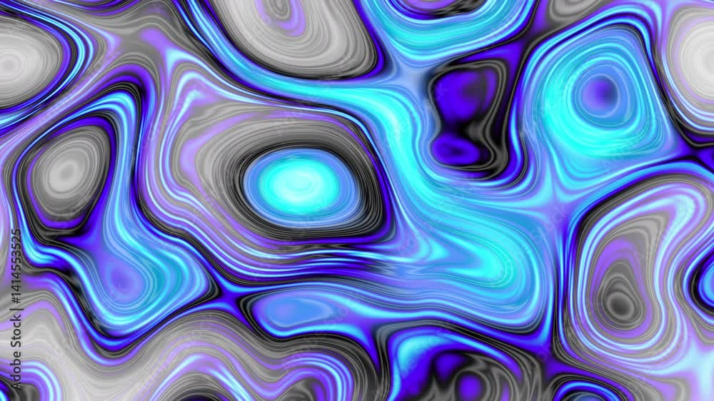 Poster Neon abstract holographic background of glowing mix color waves. Glowing circle shape lines on the wavy surface. Loop background. Technology