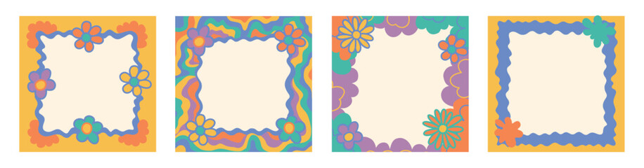 Square Groovy frame jagged scallop edge frame text box or border. Rainbow spreading multicolored lines. Curve funky y2k retro form.