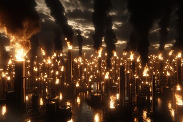 Nighttime oil refinery complex with glowing lights, smoke stacks, and storage tanks, showcasing petrochemical production and the scale of global fuel processing infrastructure