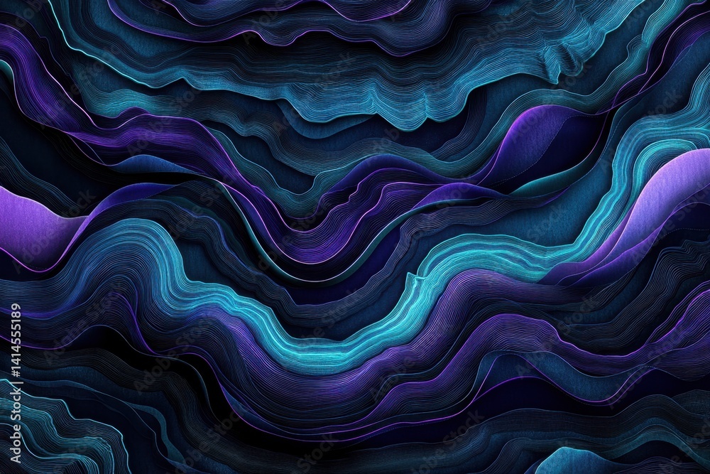 Poster dynamic abstract waves in blue and purple hues creating a mesmerizing flow and depth with fine lines