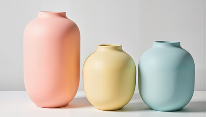 Colorful minimalist vases arranged on clean backdrop, modern design