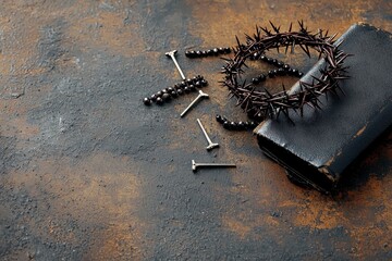 Thorny Wreath with Rosary Beads and Nails on Dark Book Against Textured Background