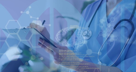 Image of medical data processing over caucasian doctor with clipboard