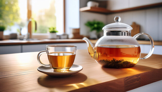 Una tetera y una taza de cristal con infusion de t&eacute; sobre la mesa de una cocina con luz natural
