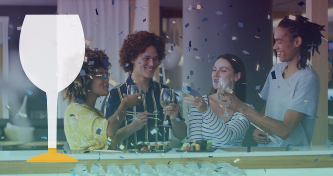 Image of glass icon and confetti over happy diverse friends eating sushi and drinking wine - Powered by Adobe