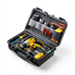 Power tool carrying case open with tools inside, organized compartments, secure closures, durable portable design