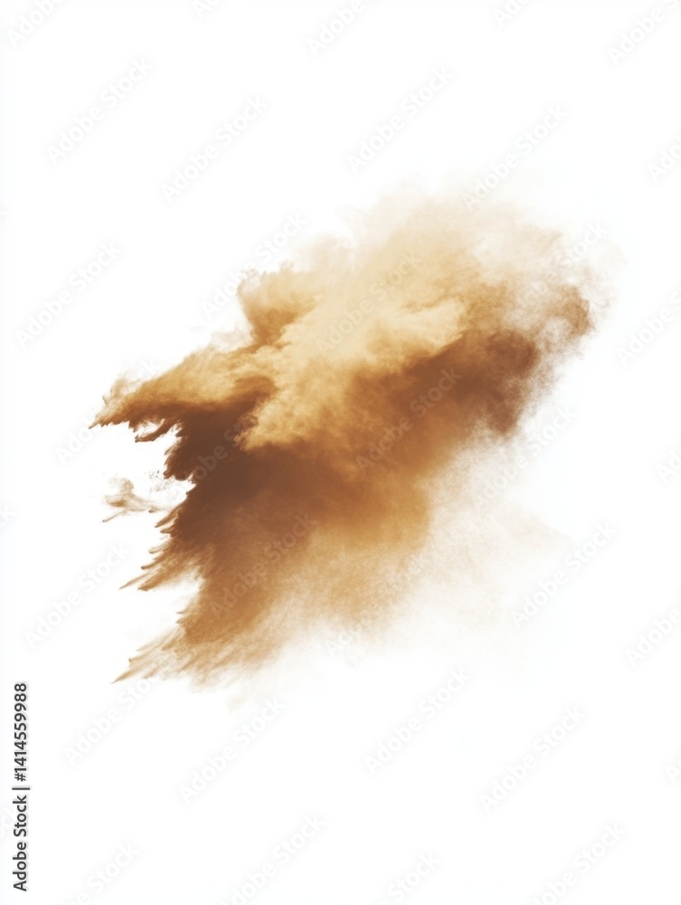 Poster abstract ethereal explosion of vibrant brown pigment dust against a clean white backdrop creating a 