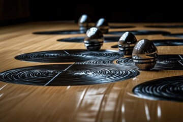 Obraz premium Metallic Spheres on Wooden Surface with Circular Designs