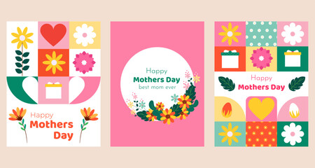 Happy Mother's Day flat trendy pattern greeting card set vector illustration in geometric style. Gifts, Flowers, Bouquet, hearts and geometric shapes.