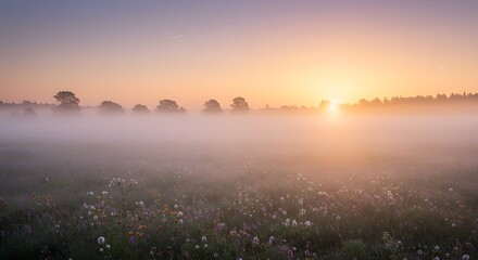Naklejka premium Misty Sunrise Meadow: A Serene and Golden Landscape Painting