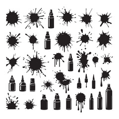 Paint brush and ink splatter. Set of ink grunge brush strokes and splash of paints. Artistic textures collection. Dirty vector design elements silhouette vector white background