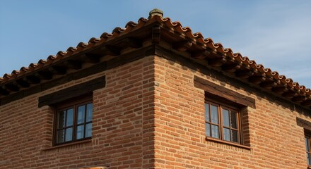 Esquina de casa r&uacute;stica espa&ntilde;ola con muro de ladrillo rojo, ventana de madera y tejado de tejas