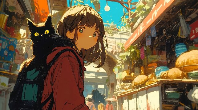 Anime girl exploring vibrant market, 1980s-inspired style, modern polish, small black cat peeking from backpack, colorful stalls and lively atmosphere surround them