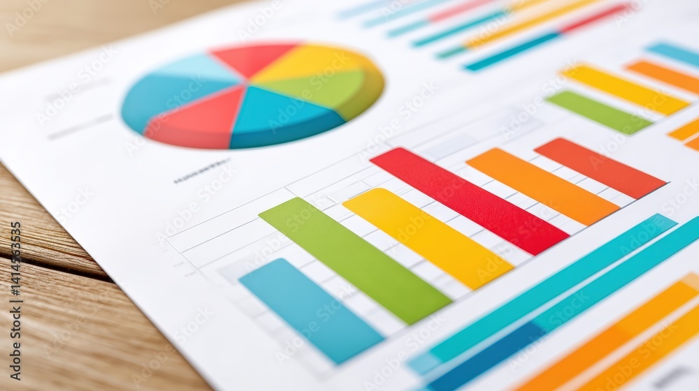 Poster a vibrant collection of charts and graphs displayed on paper, showcasing data visualization with col