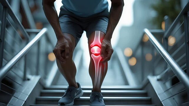 Man experiencing knee pain while walking up stairs, with a glowing red knee joint highlighting inflammation or injury

