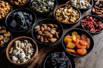 Variety of Healthy Nuts Seeds and Dried Fruits in Bowls Wooden Background Natural Food Image Delicious Snack Mix red goji diet life dark high vegan   