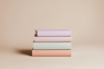 Fototapeta premium Pastel-colored books stacked neatly on soft beige background, ex