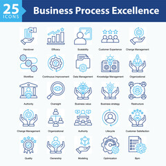 Business Process Excellence features a collection of icons in a sheet format representing operational efficiency, project management, automation, and process compliance in modern business.