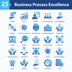 Business Process Excellence features a collection of icons in a sheet format representing operational efficiency, project management, automation, and process compliance in modern business.