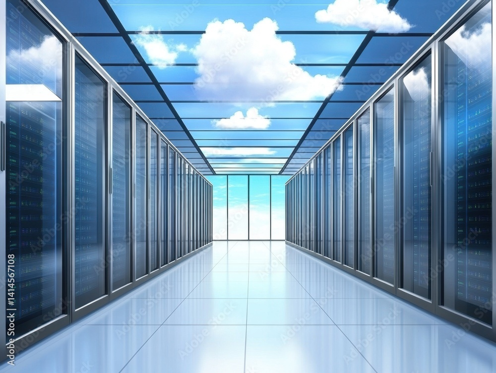 Poster data center corridor with server racks reflecting blue sky and clouds creating a futuristic technolo