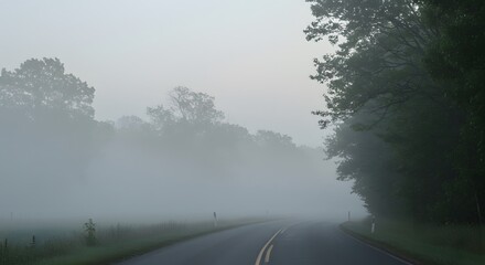Fototapeta premium Misty Road: Serene Fog Envelops Country Lane