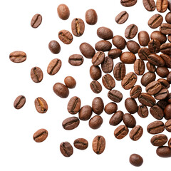 Naklejka premium Roasted scattered coffee beans flat lay top view on transparent background
