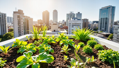 Fototapeta premium Urban rooftop garden flourishing in sunlight against city skyline 