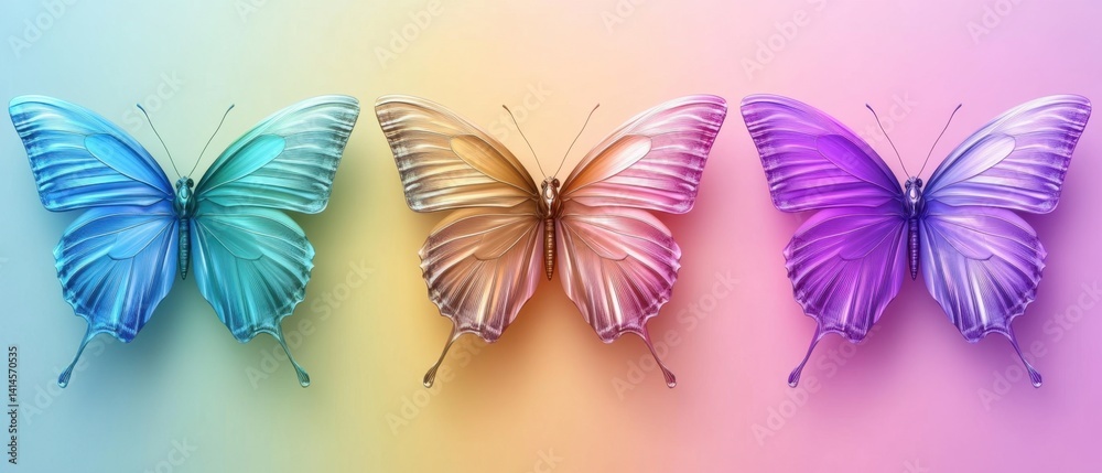Poster three colorful butterflies in a row with a gradient background showcasing vibrant hues and delicate 