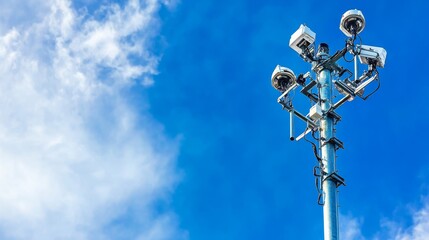 A tall pole with four lights on top of it