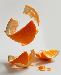Floating orange peel segments are arranged dynamically against a clean white background, showcasing the vibrant texture, juicy pulp, and natural citrus details.