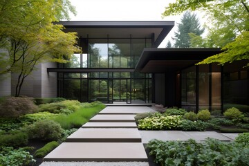 Fototapeta premium Modern house featuring biophilic design with lush green garden and pathway leading to entrance