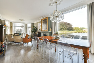 A beautifully designed living room featuring stylish furniture, large windows, and a scenic view of nature, creating a serene and inviting atmosphere.