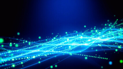 Abstract Futuristic Technology Background with Dynamic Green and Blue Particle Waves and Light Trails Visualizing Data Flow