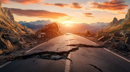Fototapeta premium A road with a large crack in it and mountains in the background