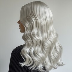 Naklejka premium Elegant silver hair cascading in soft waves a stunning profile against a neutral background showcasing hair texture and color