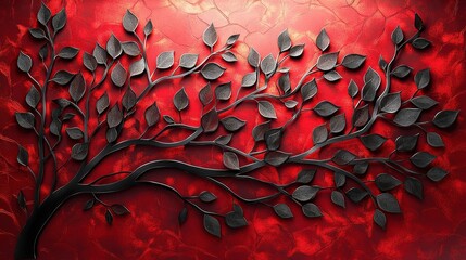 Black Metal Tree Branch with Leaves on Red Textured Background - Abstract Wall Art