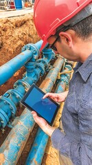 Worker Checks Pipeline with Tablet.
