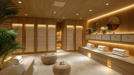 Modern spa changing area with wooden accents