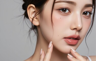 Natural beauty portrait of radiant young woman on clean grey backdrop glowing skin skincare regimen wellness aesthetic soft focus