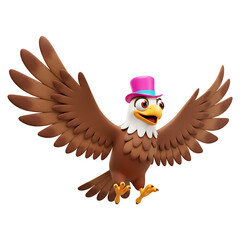 Fototapeta premium Cartoon Eagle in Pink Hat Flying Against Red and Black Stripes