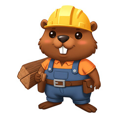 Fototapeta premium Cute Cartoon Beaver Construction Worker with Wood Plank