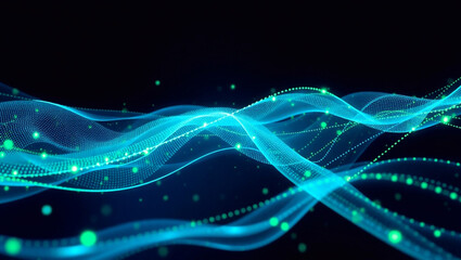 Abstract Futuristic Technology Background with Dynamic Green and Blue Particle Waves and Light Trails Visualizing Data Flow